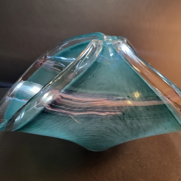 Murano Blue Art Glass Folded Wave Handles Catchall Bowl - Picture 7 of 7